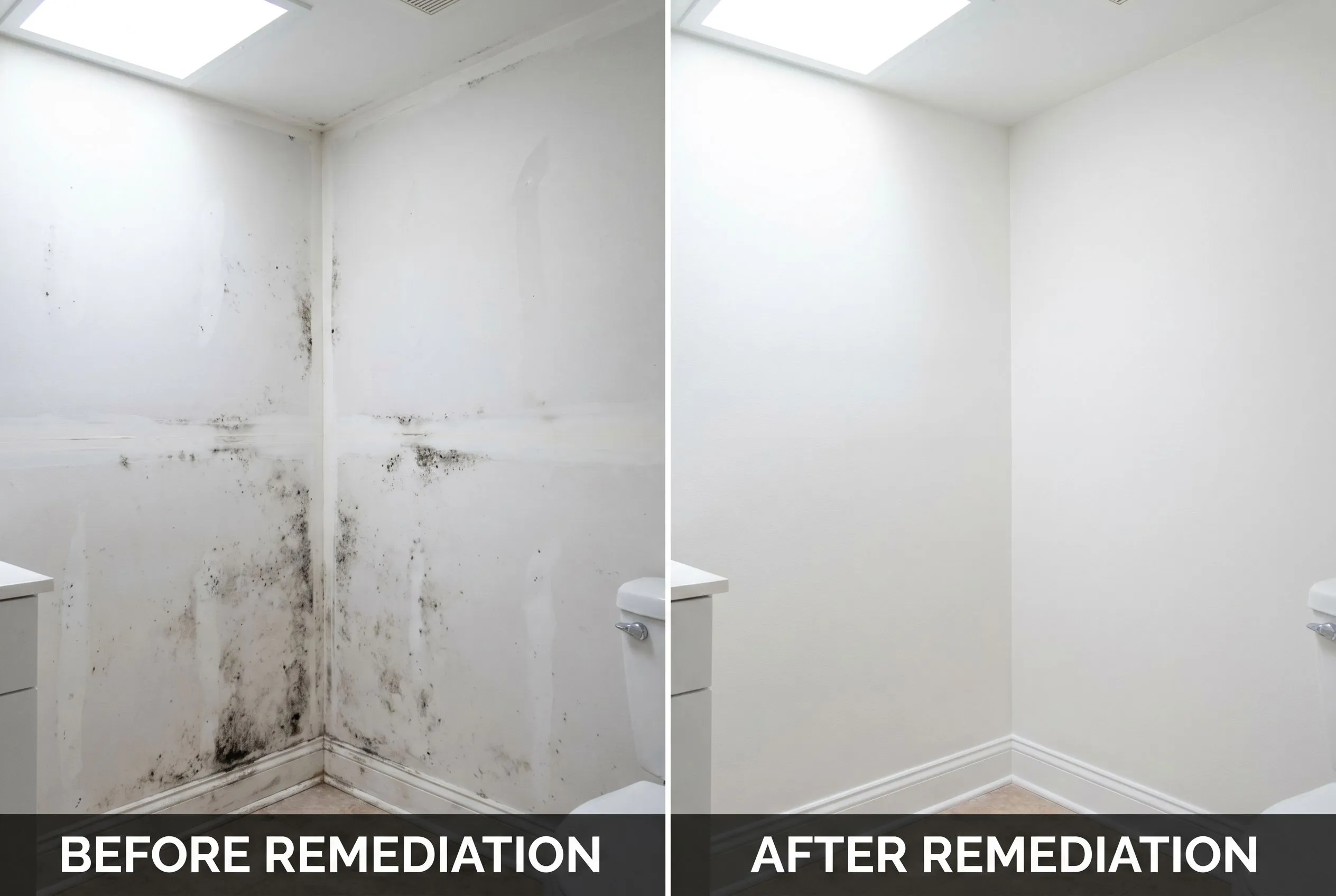 Before and after mold remediation — moldy bathroom wall restored to clean white surface