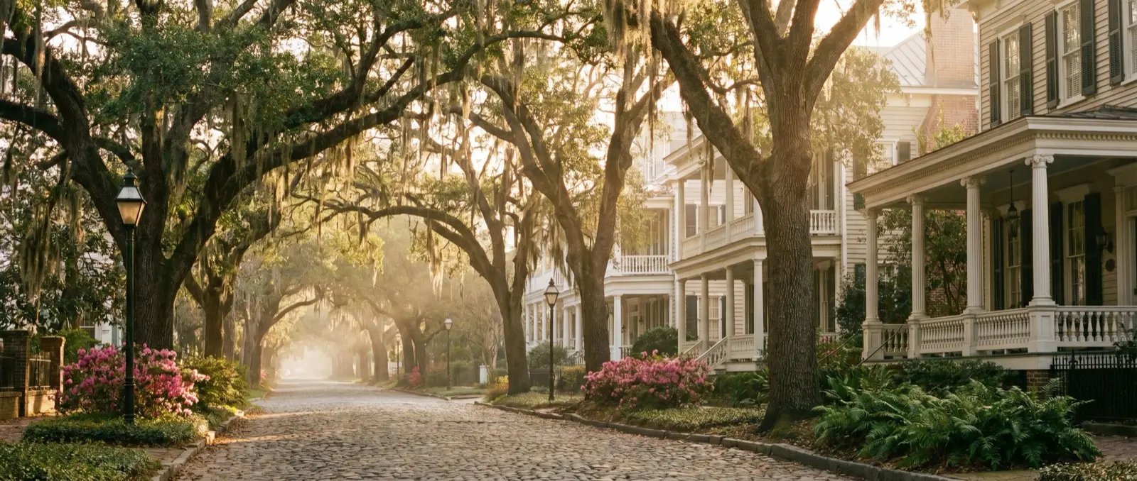 Historic Savannah street with Spanish moss and southern homes