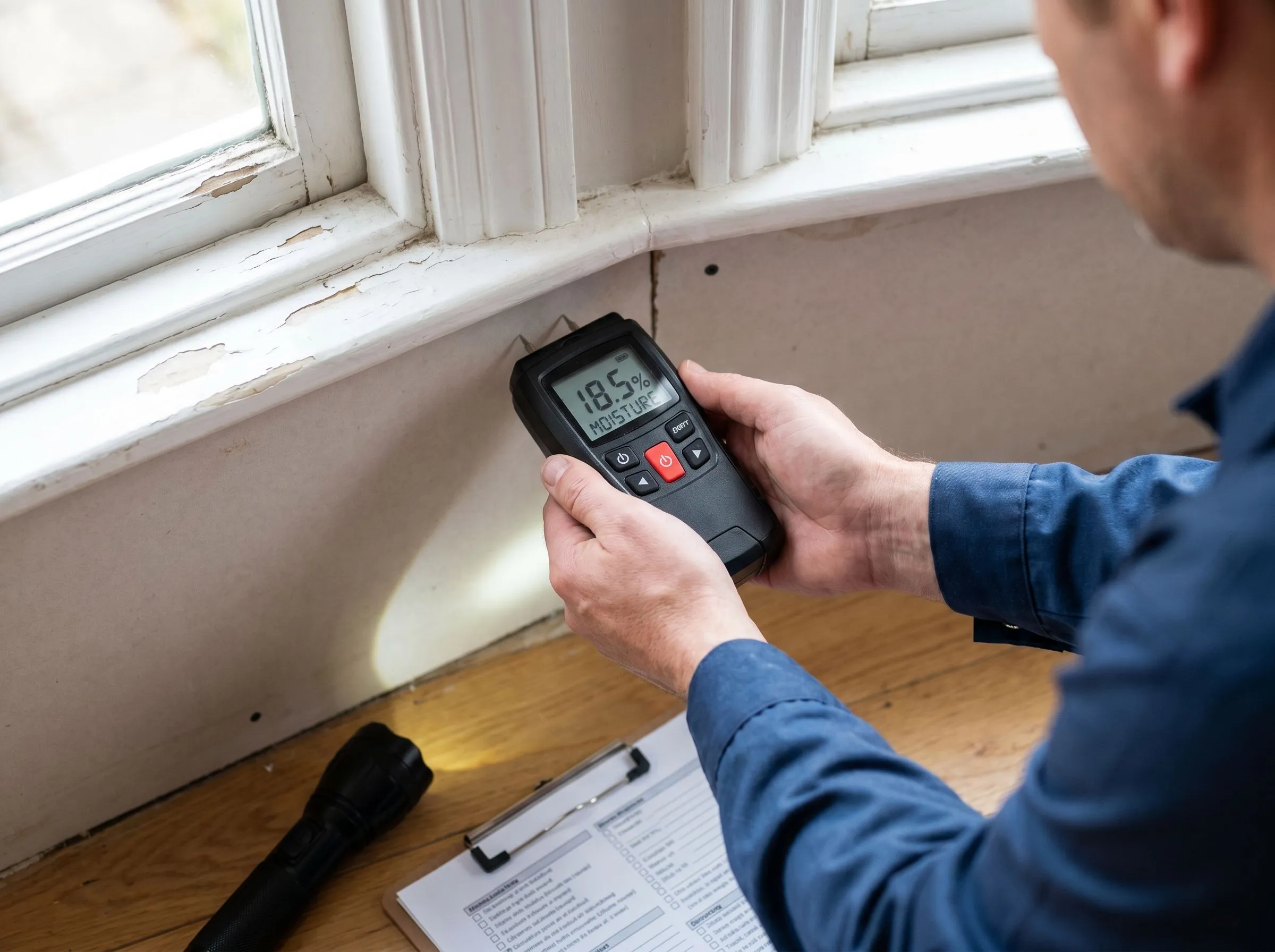 Mold inspector using moisture meter to check wall for water damage
