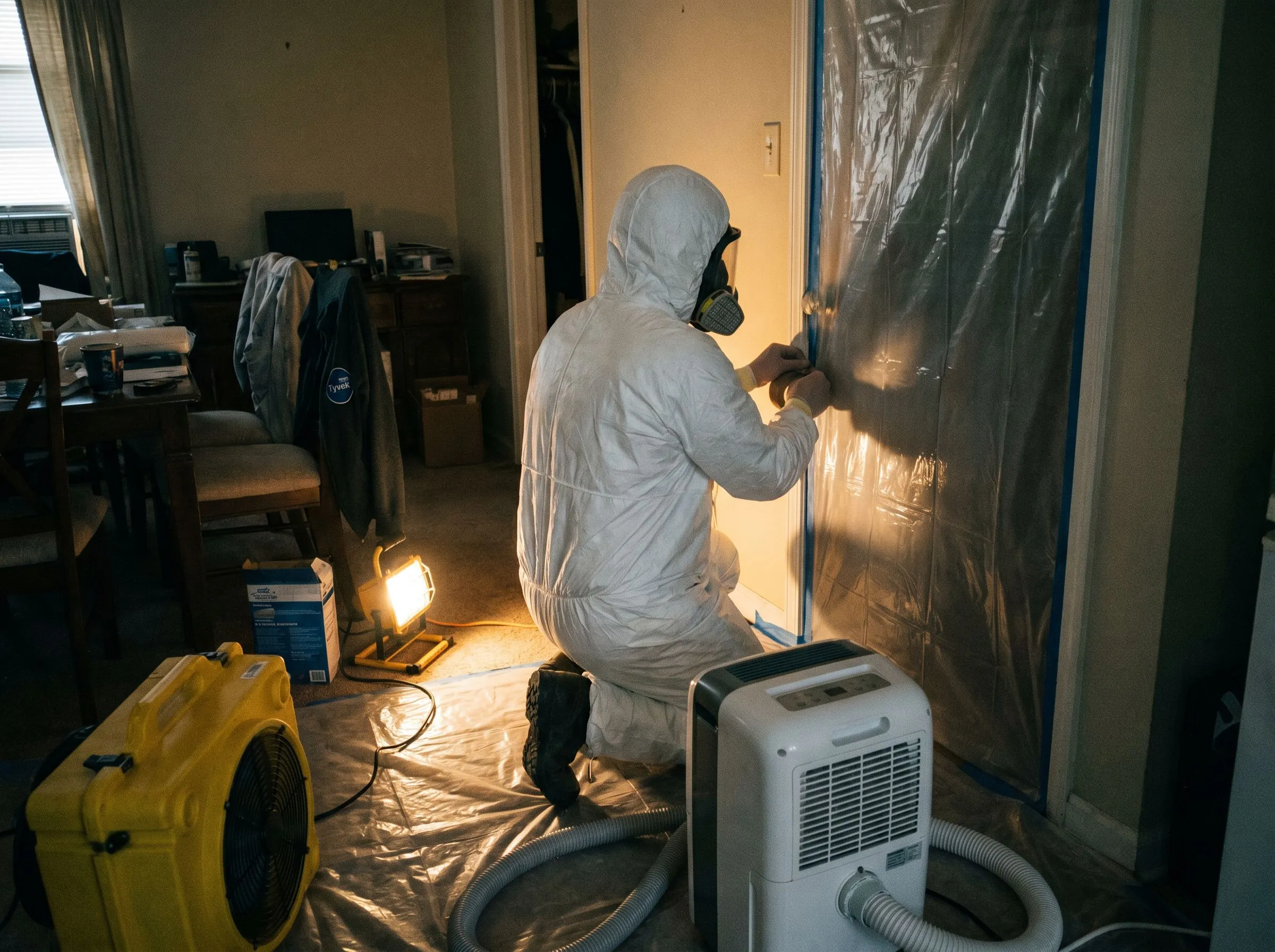 Mold remediation technician in protective gear setting up containment